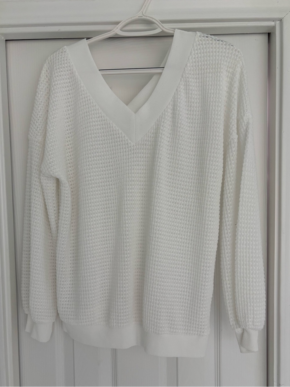 Women's White V-Neck Waffle Knit Sweater